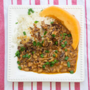 black eyed peas with fried onions white rice and melon