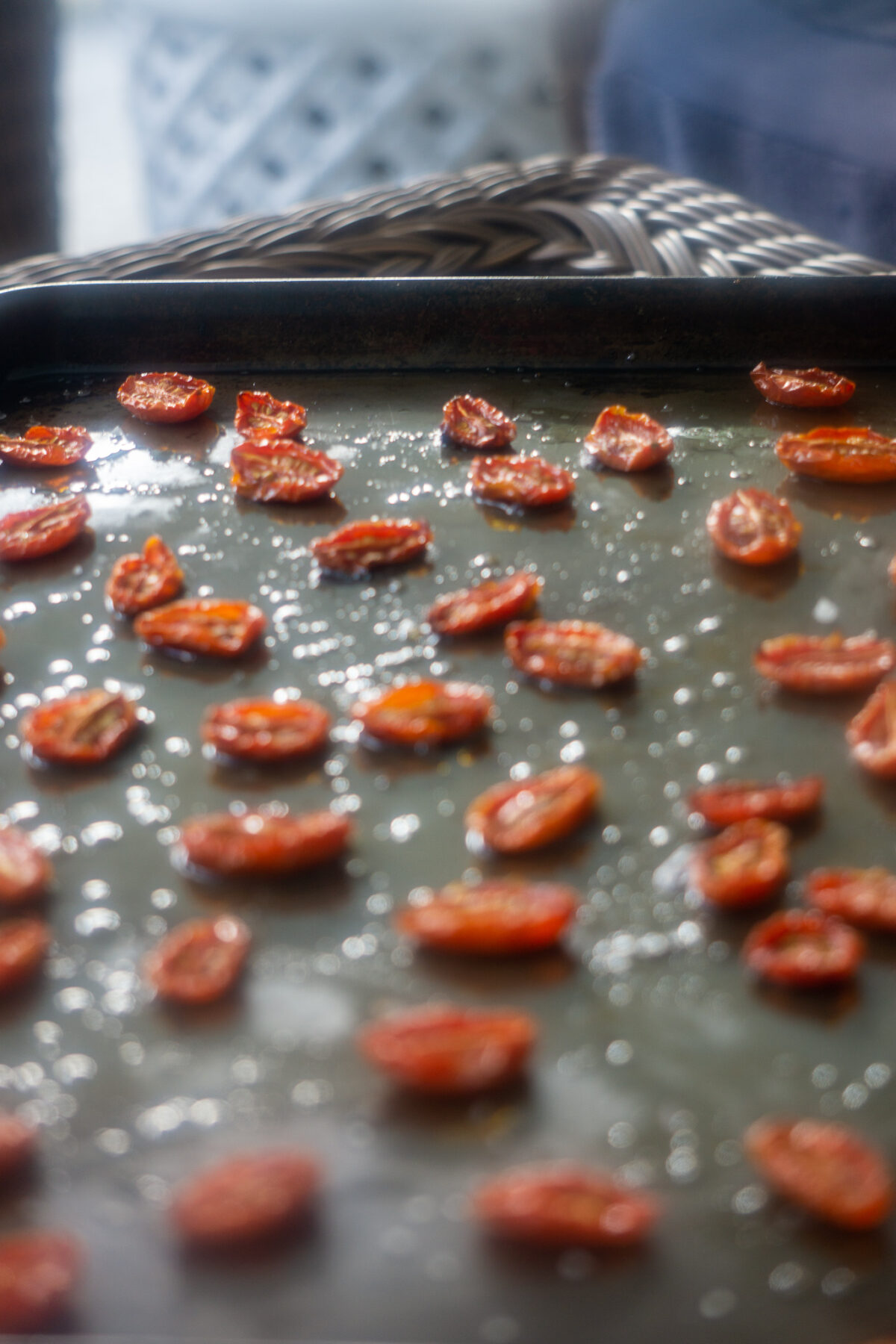 roasted cherry tomatoes on baking sheet