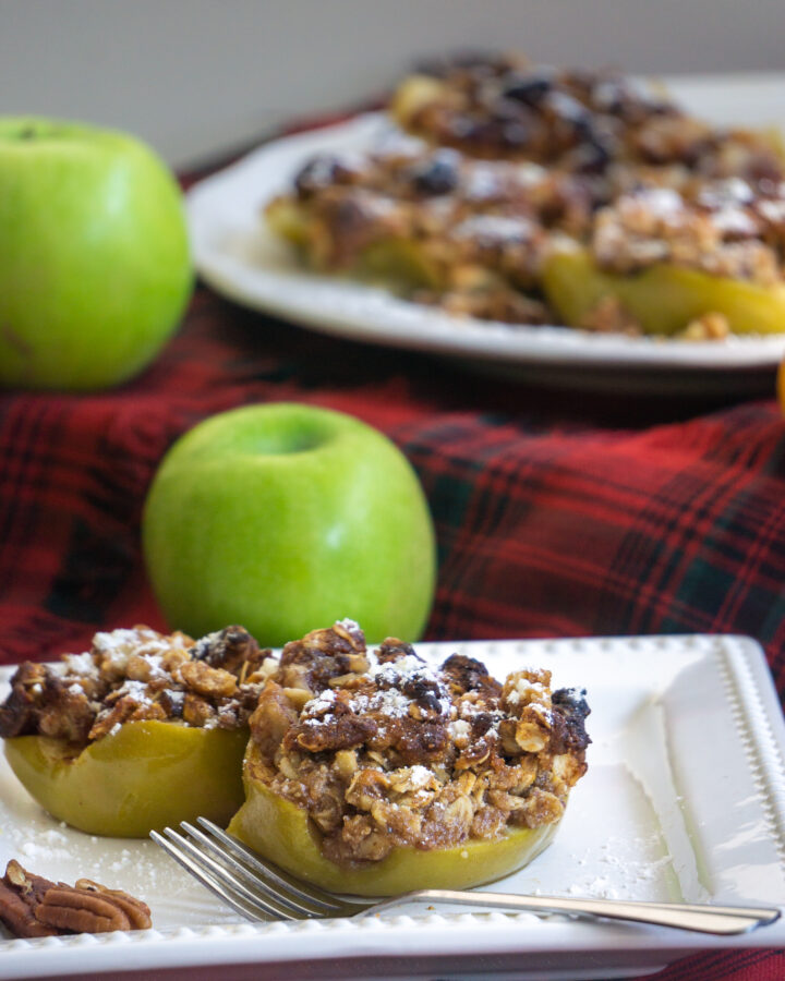 baked apples in front of green apples