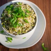 green onions on top of bean sprout salad
