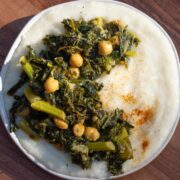 chickpeas and kale on top of cornmeal grits