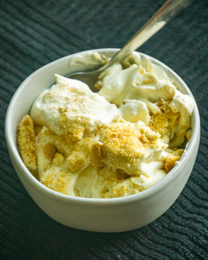 rich, creamy banana pudding in a white dessert bowl.
